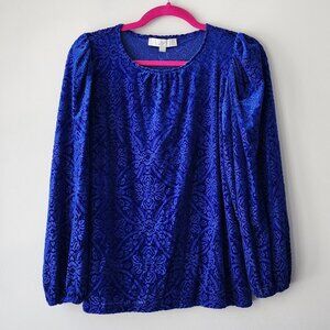 LOFT Mosaic Stretch Velour Blouse | XS | Blouson Sleeves Burnout Velvet Blue